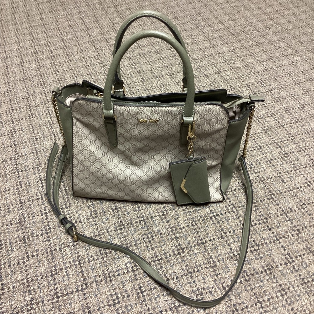 Nine West Olive Green Tan with Gold Chains Shoulder Crossbody or Hand Bag Purse